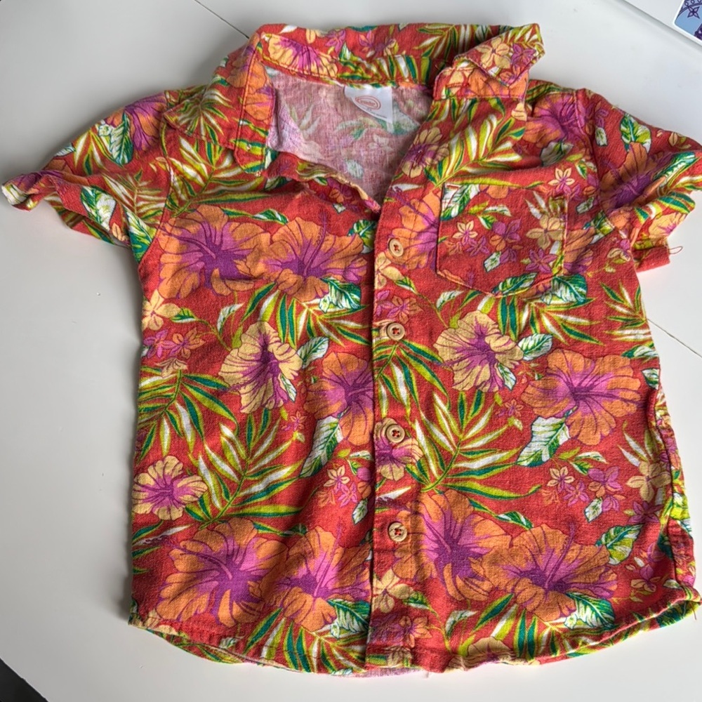 Wonder Nation Red and Orange Button Down Shirt with Tropical Print